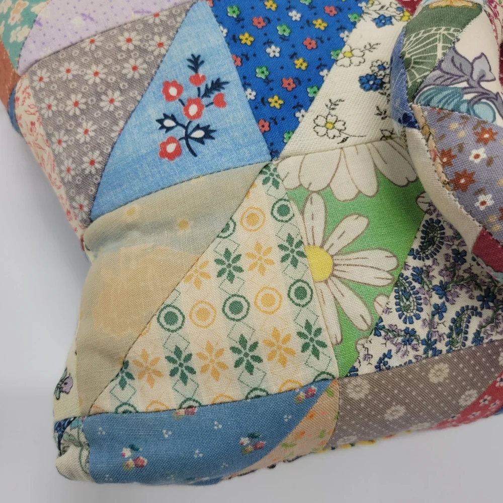 Vintage Patchwork Quilt Cat Pillow Pink Ribbon Cottage Granny Hand Crafted Decor